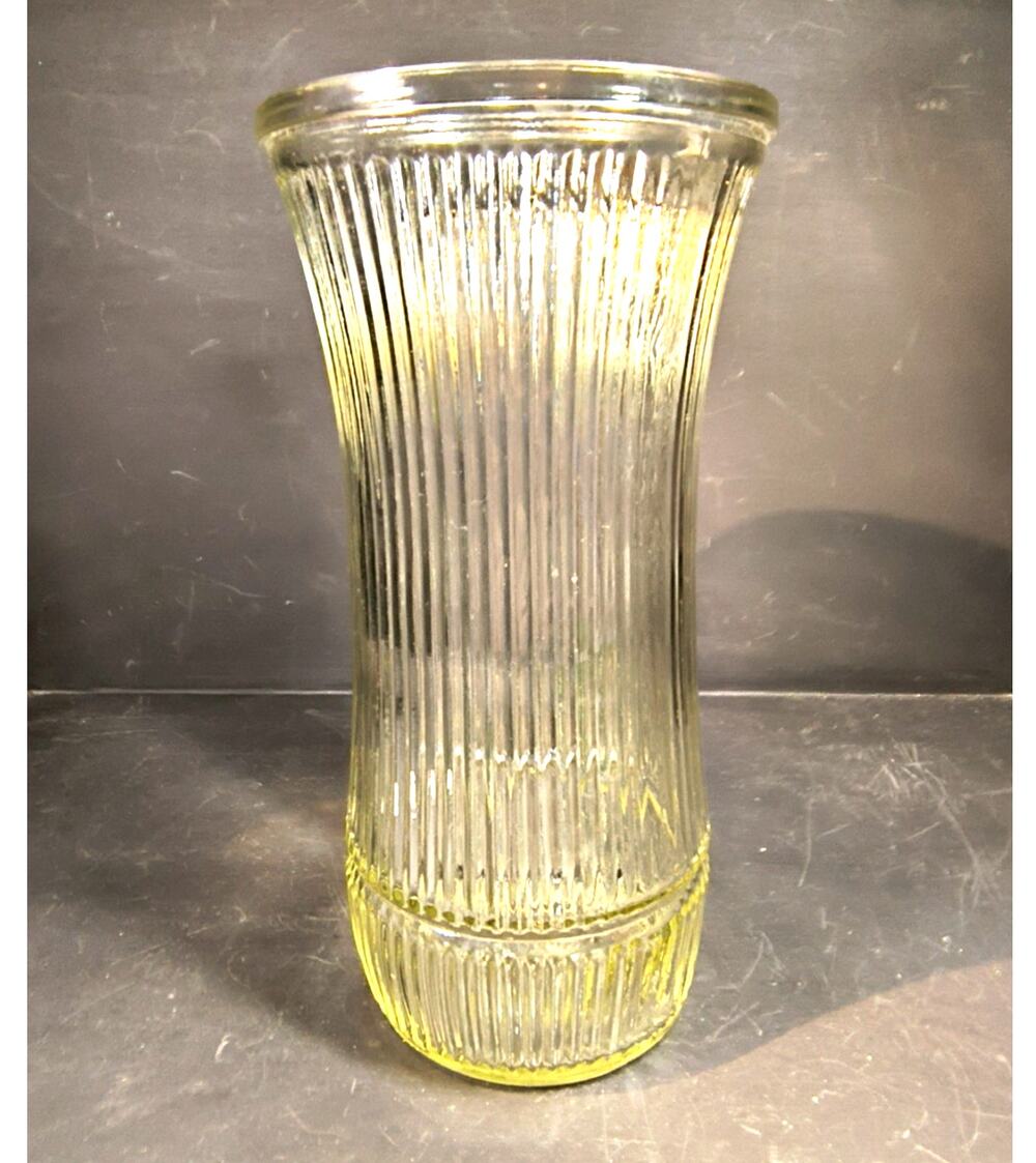 2215. Vintage Hoosier Clear Glass Flower Vase Ribbed Body 8.5 Inches Tall